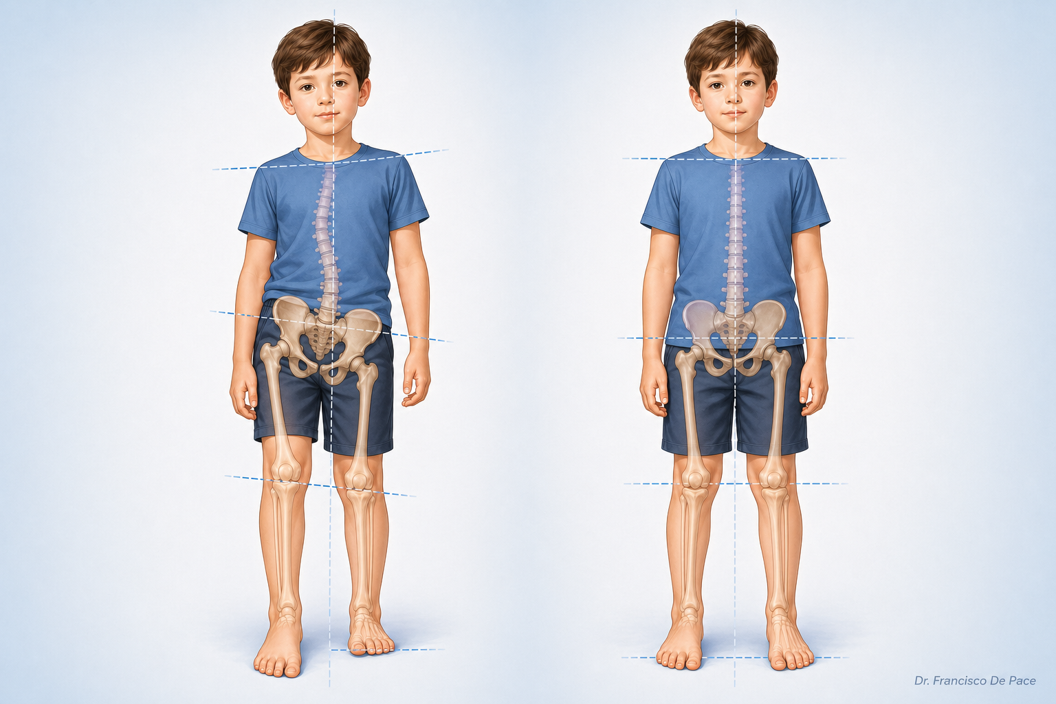 Ilustración comparativa entre un niño con dismetría y otro sin discrepancia de longitud, mostrando la repercusión postural.