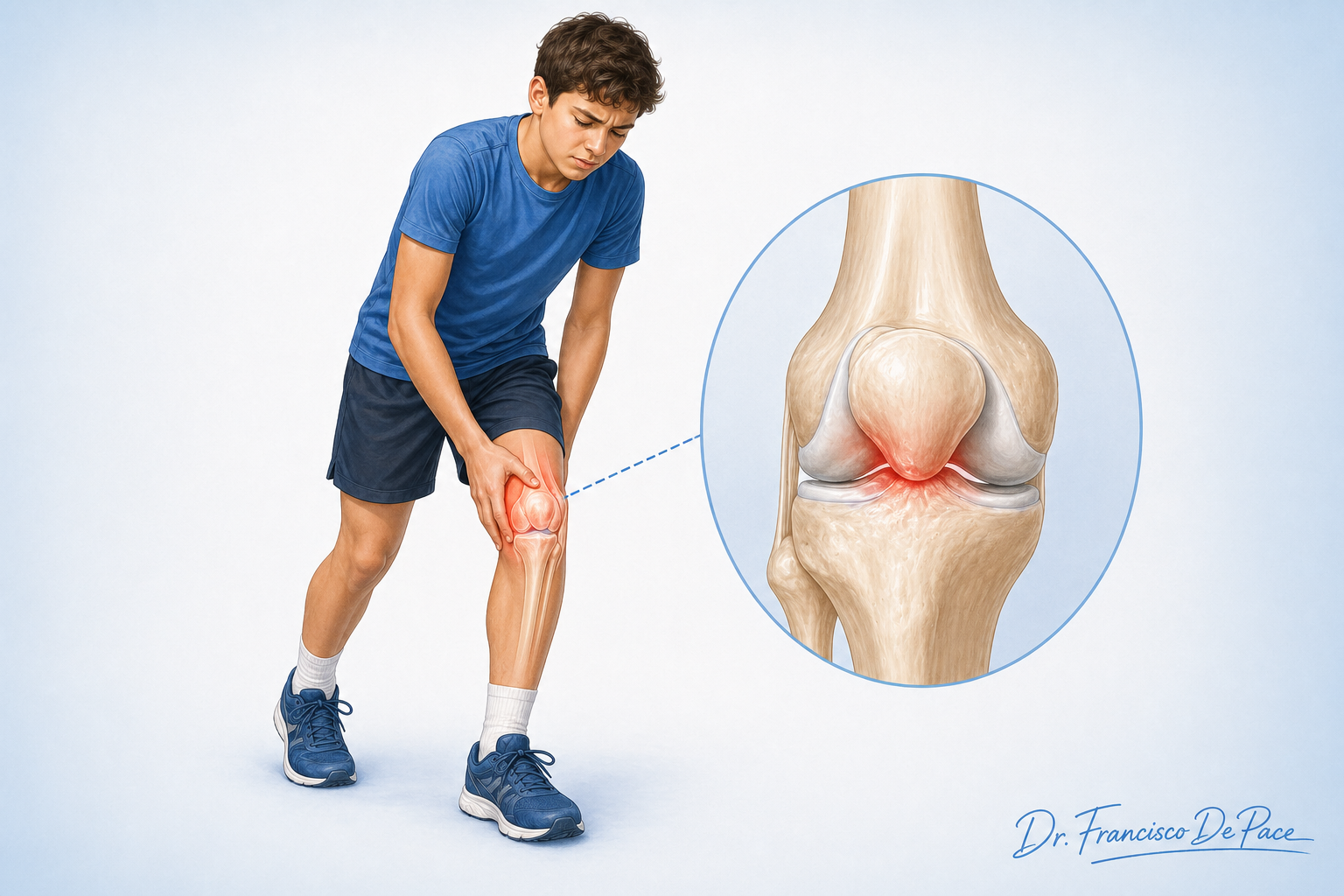 Ilustración de un adolescente con dolor femoropatelar localizado en la parte anterior de la rodilla.