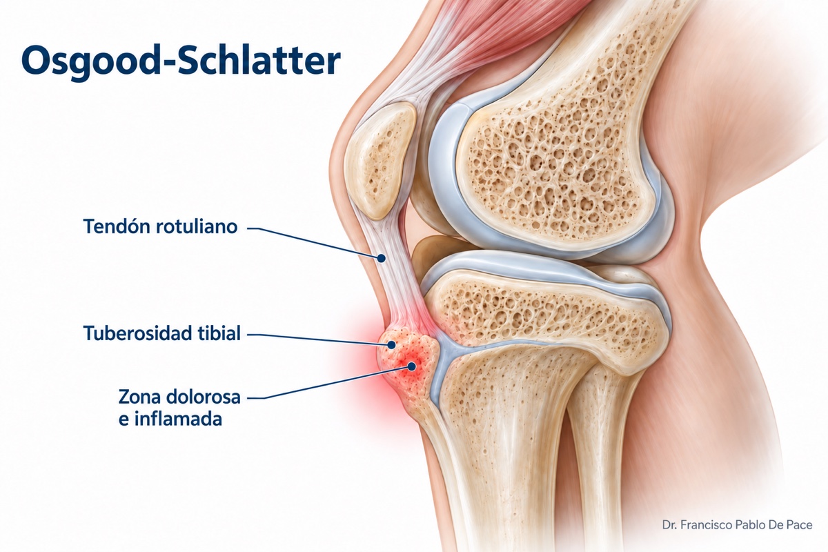 Ilustración médica de la inserción del tendón rotuliano en la tuberosidad tibial y de la zona dolorosa e inflamada en Osgood-Schlatter.