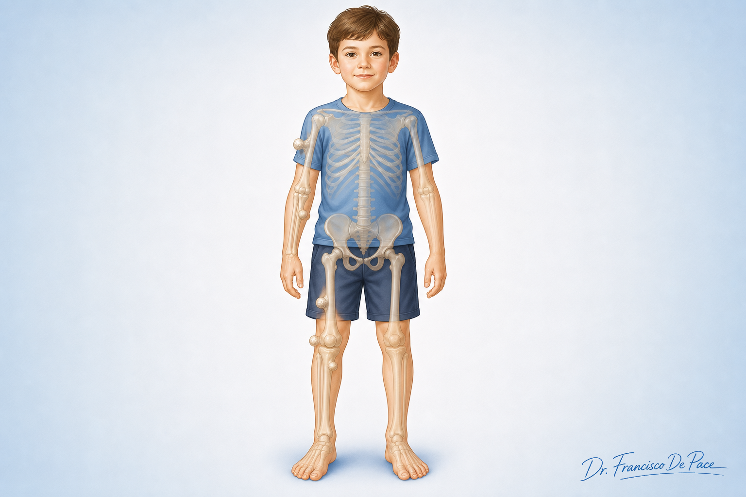 Ilustración de osteocondromatosis múltiple con exóstosis en húmero y alrededor de la rodilla.