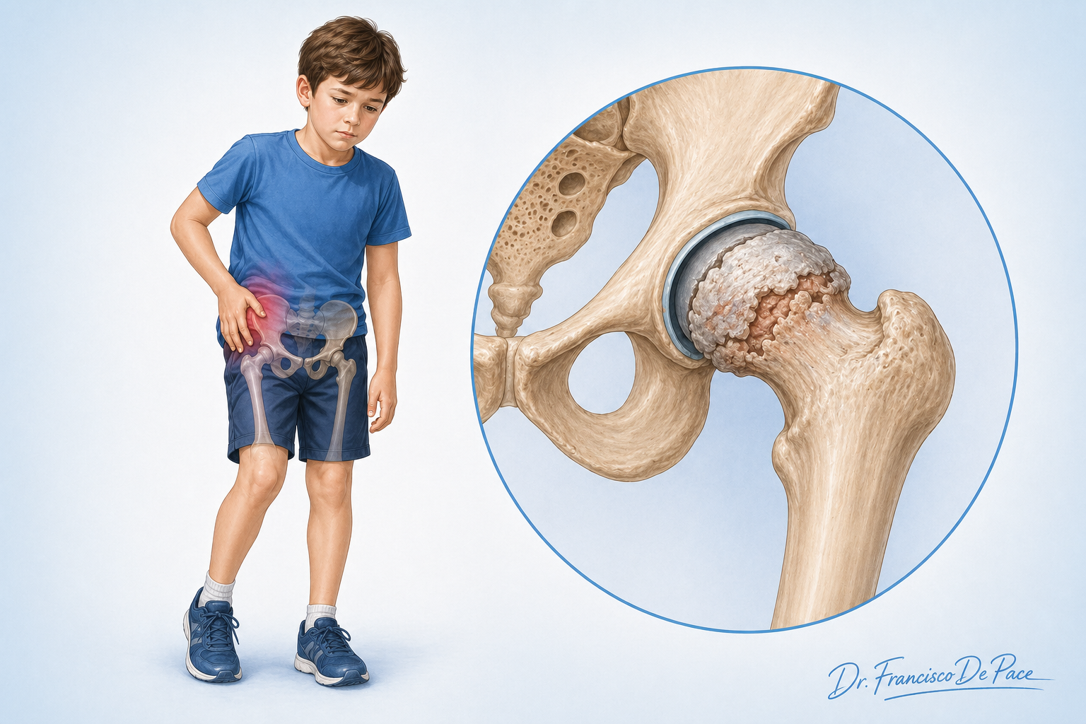 Ilustración de un niño con enfermedad de Perthes, cojera y afectación de la cabeza femoral.