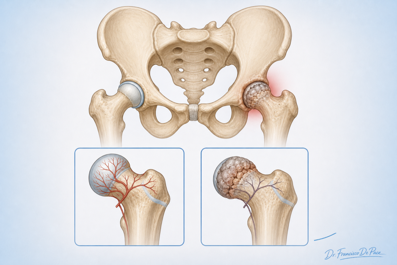 Ilustración comparativa de cadera sana y enfermedad de Perthes con vascularización de la cabeza femoral.