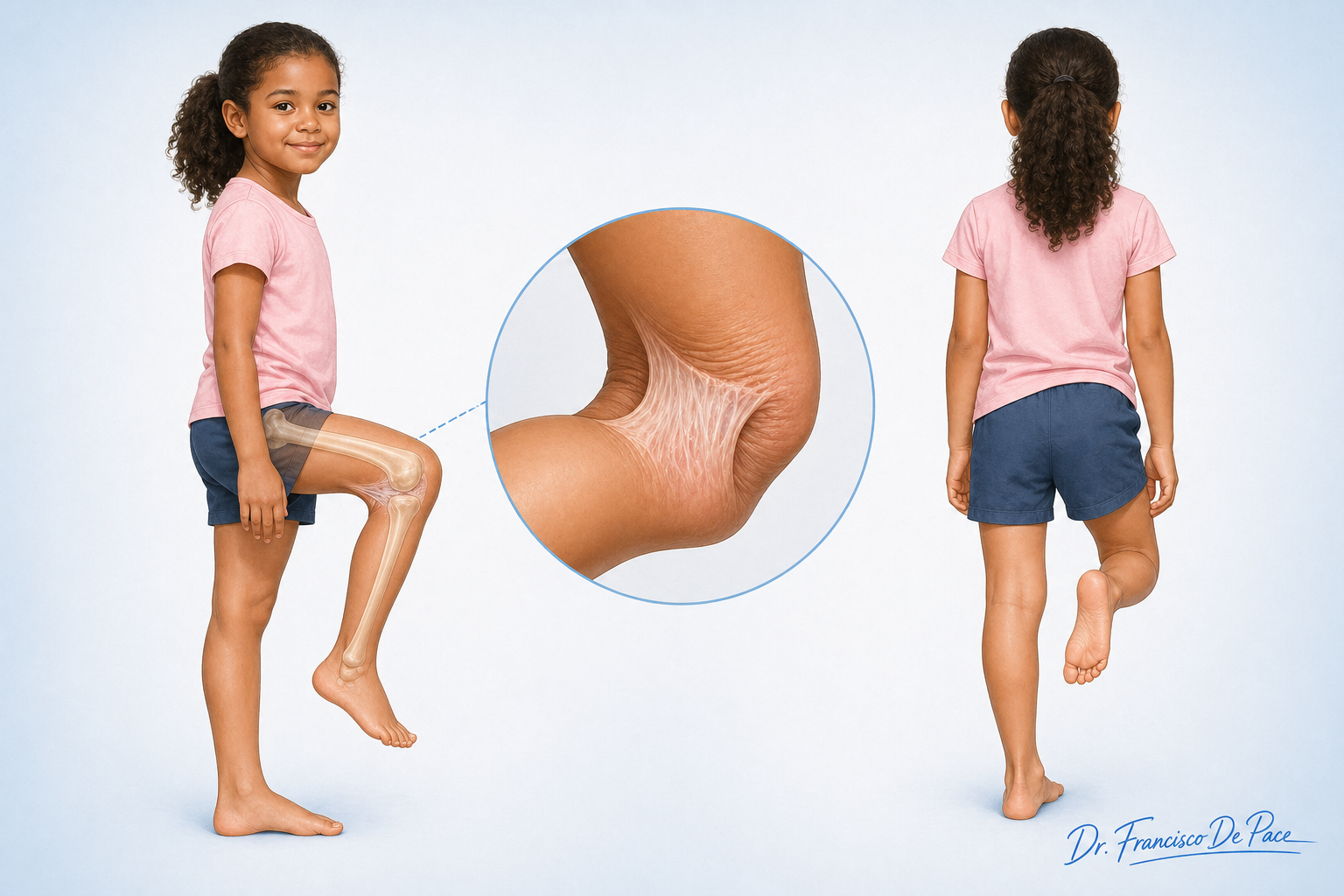 Ilustración de una niña con pterigión poplíteo severo y contractura en flexión de la rodilla.