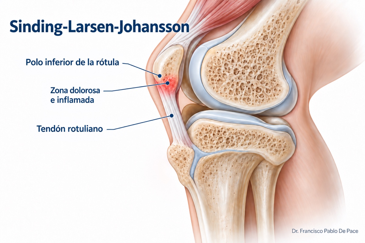 Ilustración médica del polo inferior de la rótula y de la zona dolorosa e inflamada en el síndrome de Sinding-Larsen-Johansson.